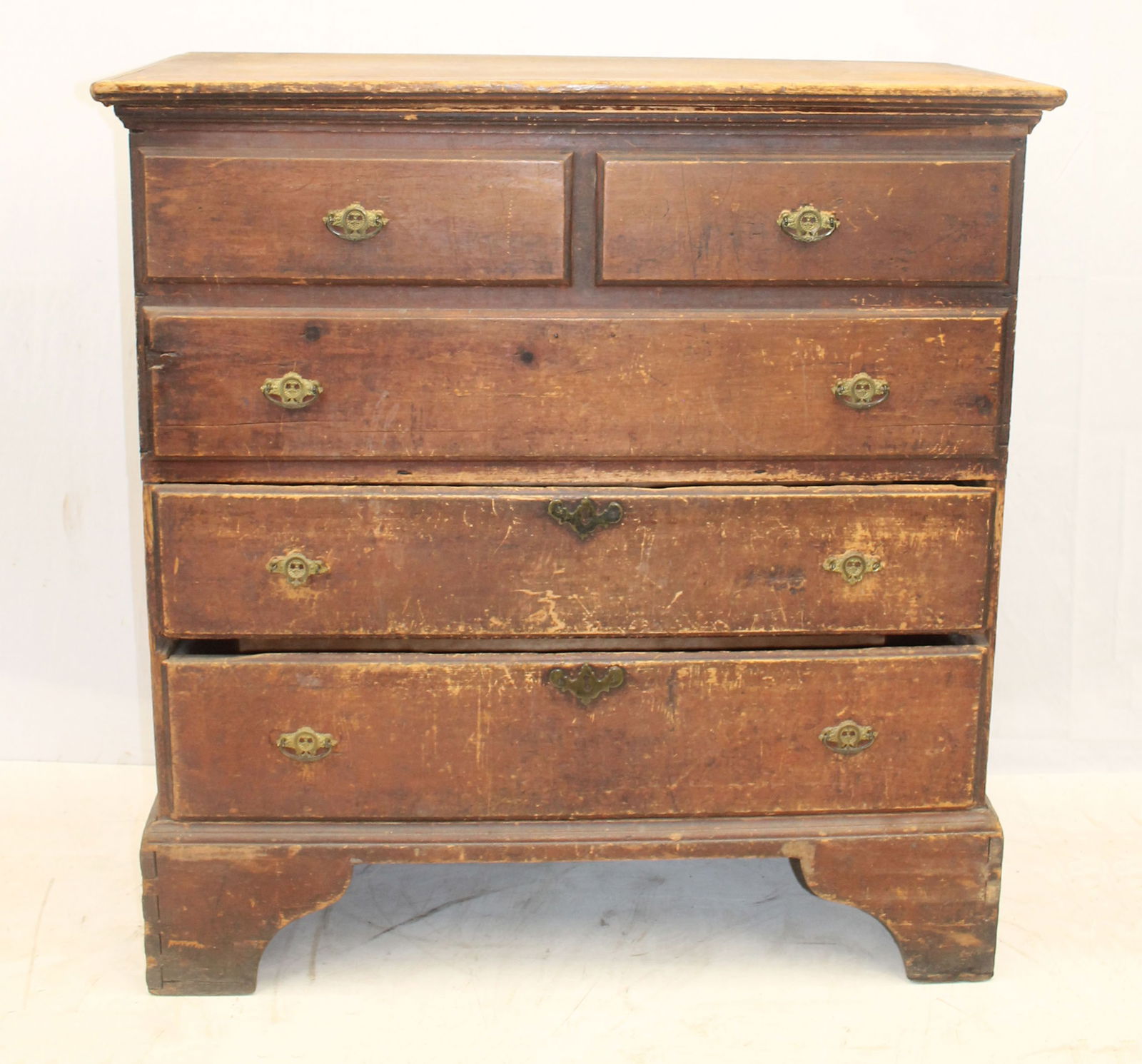 Antique 2 drawer blanket chest on bracket base in traces of red paint - as found - 43" tall x 41 (1 of 12)