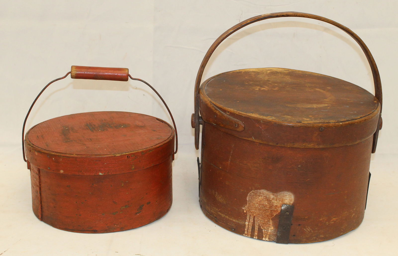 Lot of 2 antique bail handled covered pantry boxes in red paint - 9 1/2" diam x 5 1/2" tall & 11 (1 of 7)