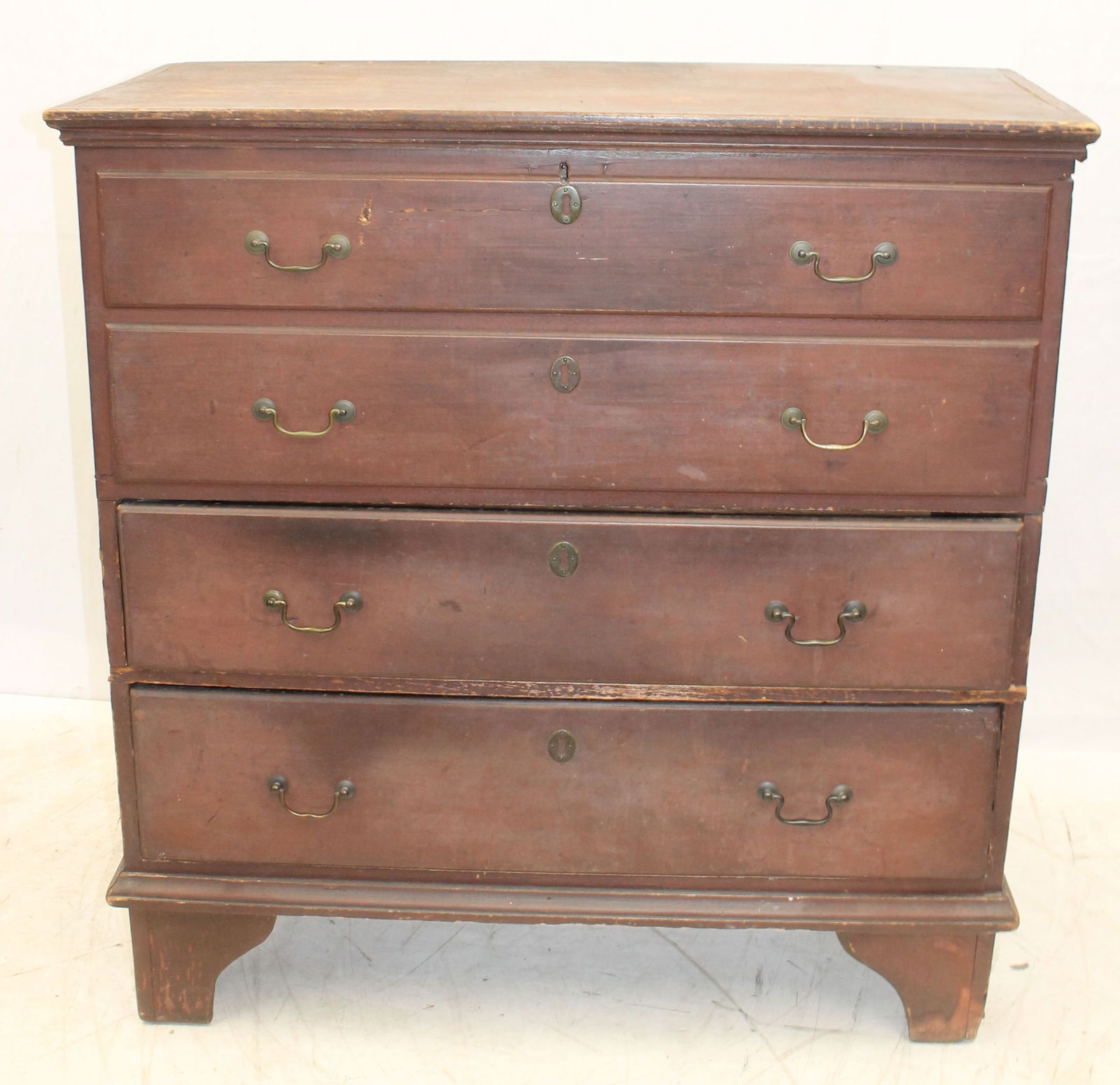 Antique 2 drawer blanket chest on bracket base in traces of red paint - as found - 42" tall x 40" (1 of 6)