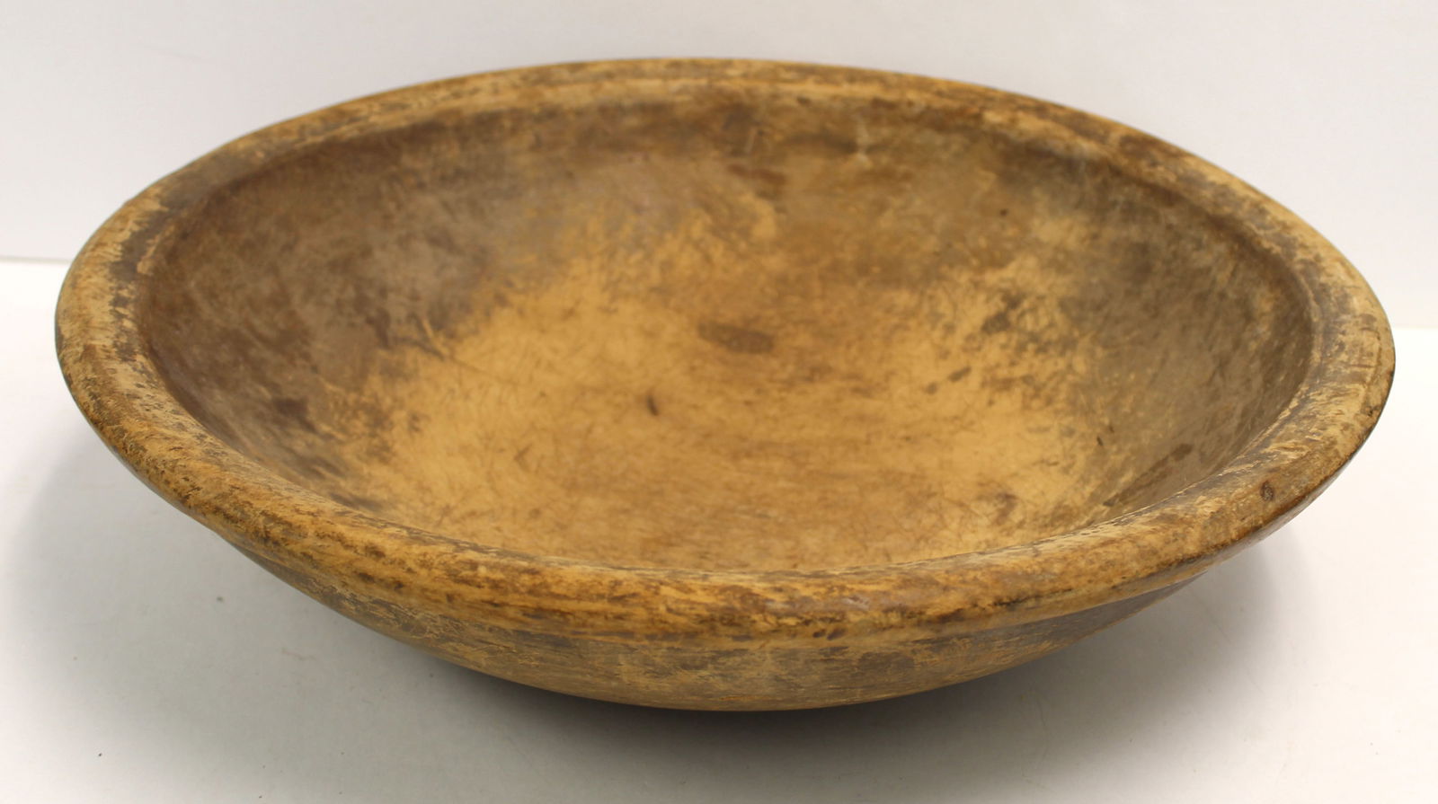 Large antique wooden carved bowl w lip edge - 15 1/2" (out of round) (1 of 7)