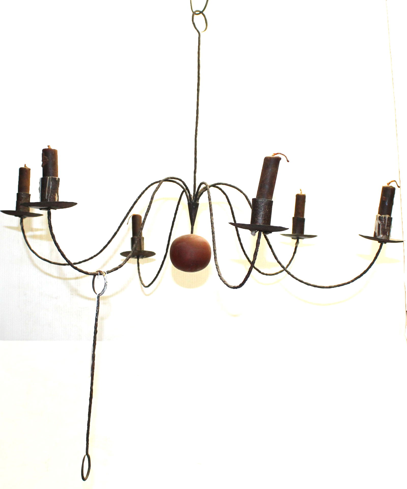 Wonderful antique iron & tin candle lamp w wooden red painted finial & extra iron 11" (1 of 8)