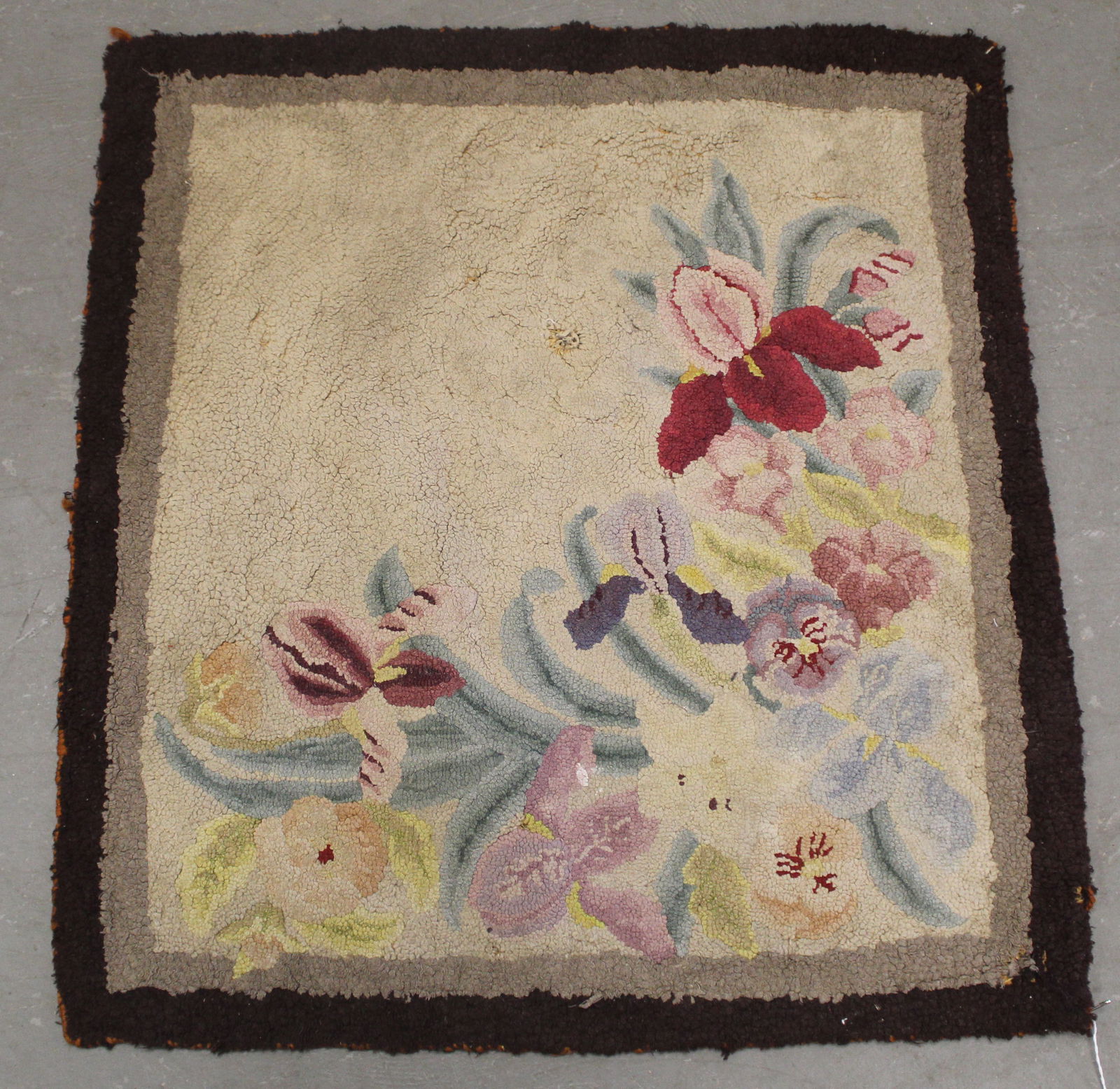 Antique hooked rug w floral motif & brown border - as found - 25"x27" (1 of 7)