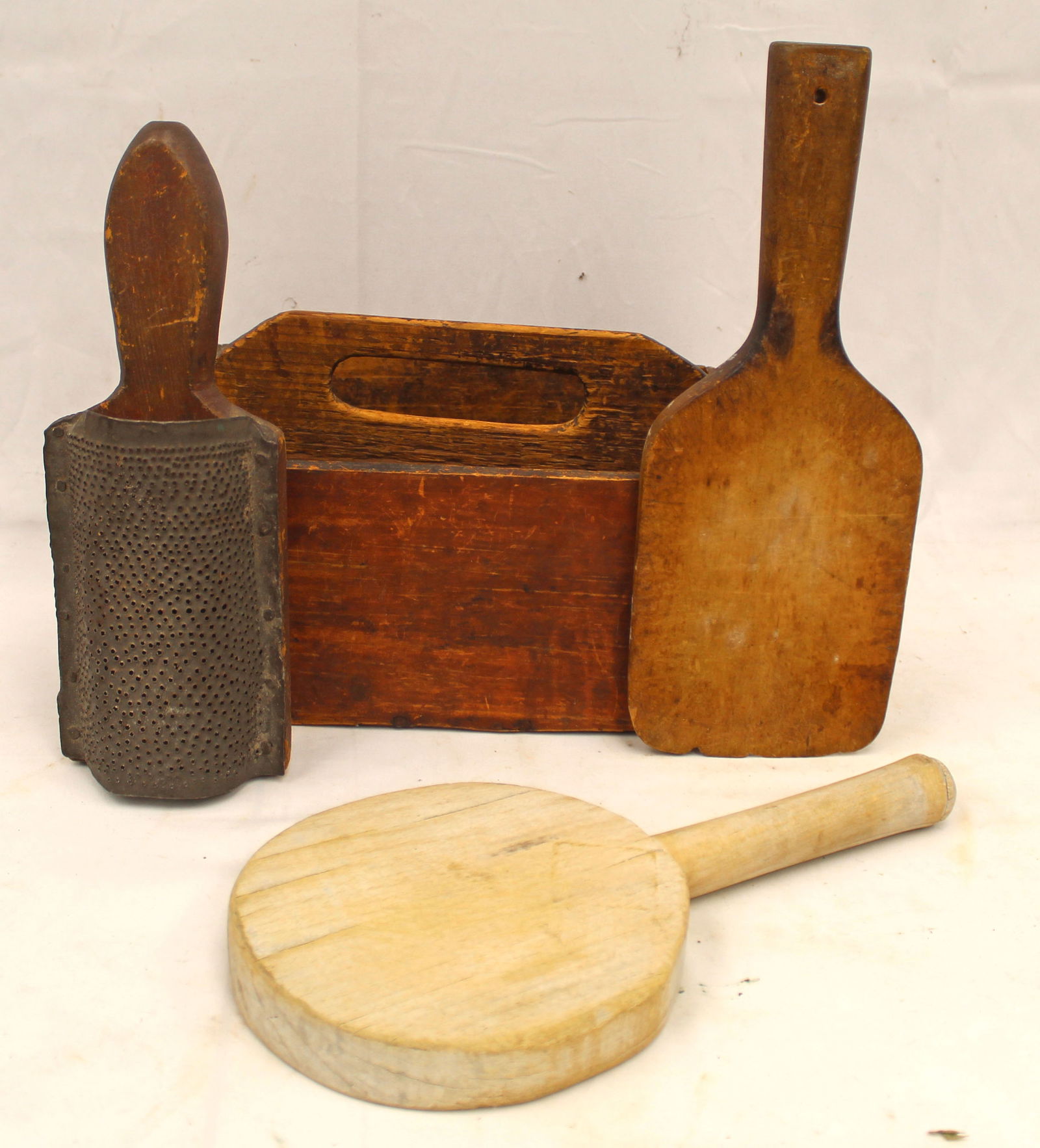Antique utility tote in red paint w 2 lollipop handled paddles & a grater - 6 1/2" tall x 10 1/2" x (1 of 8)