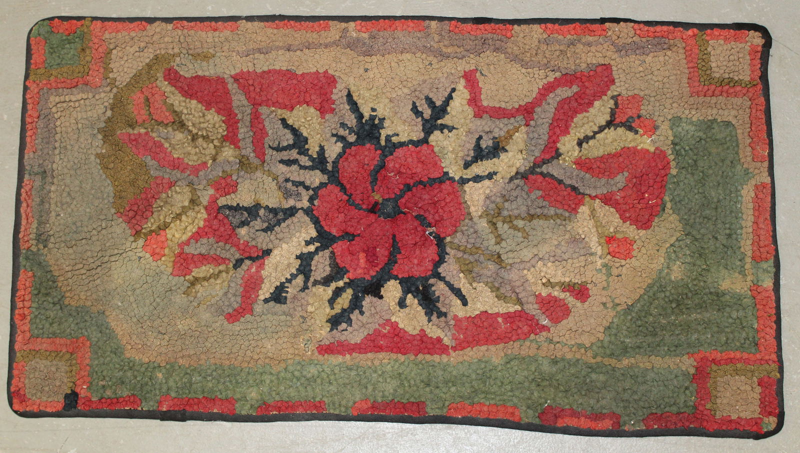 Antique hooked rug w red floral center - 16 1/2"x30 1/2" (1 of 3)
