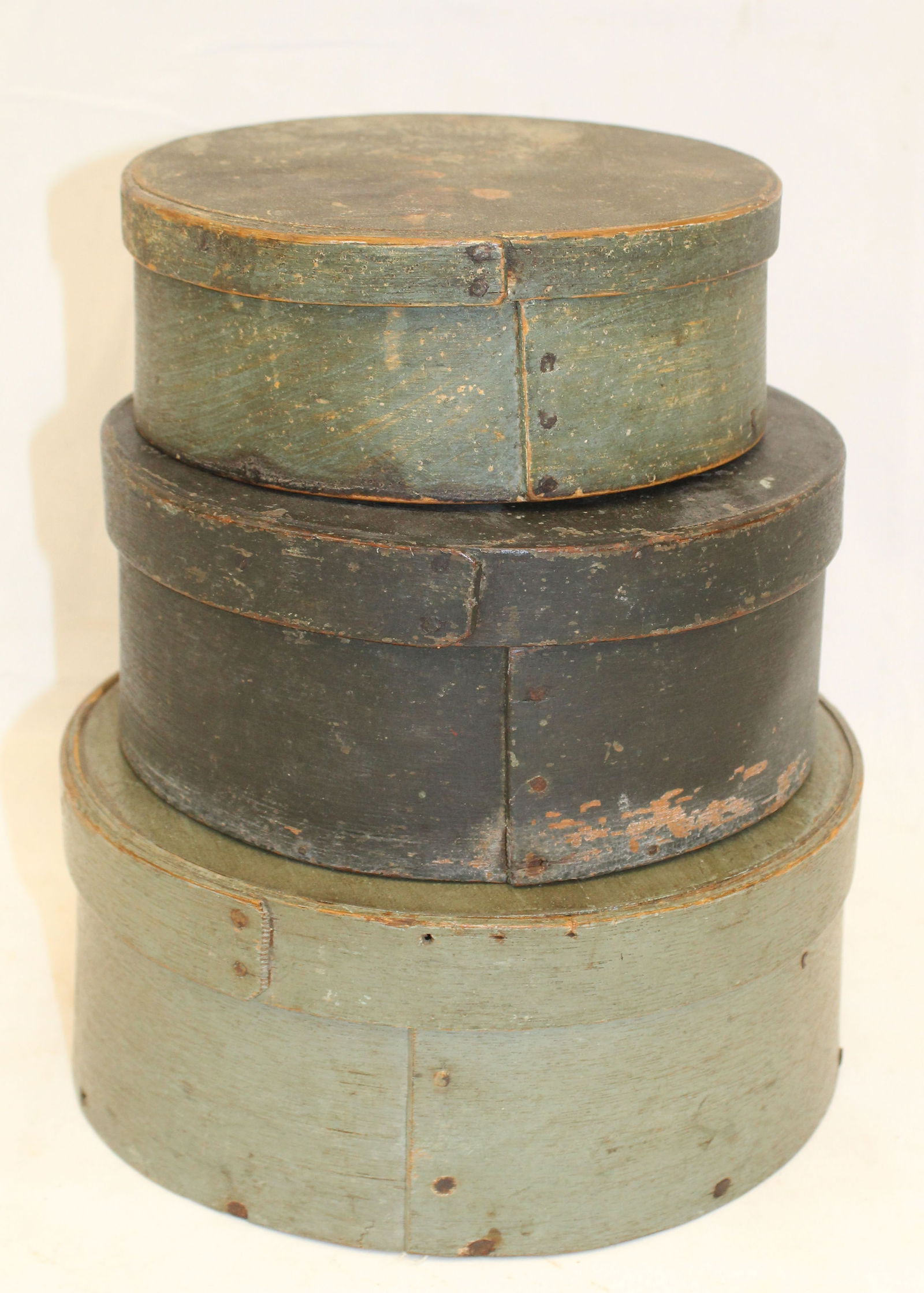 Stack of 3 antique pantry boxes in various shades of green paint & graduated sizes - 6 1/2", 7 1/2" (1 of 10)