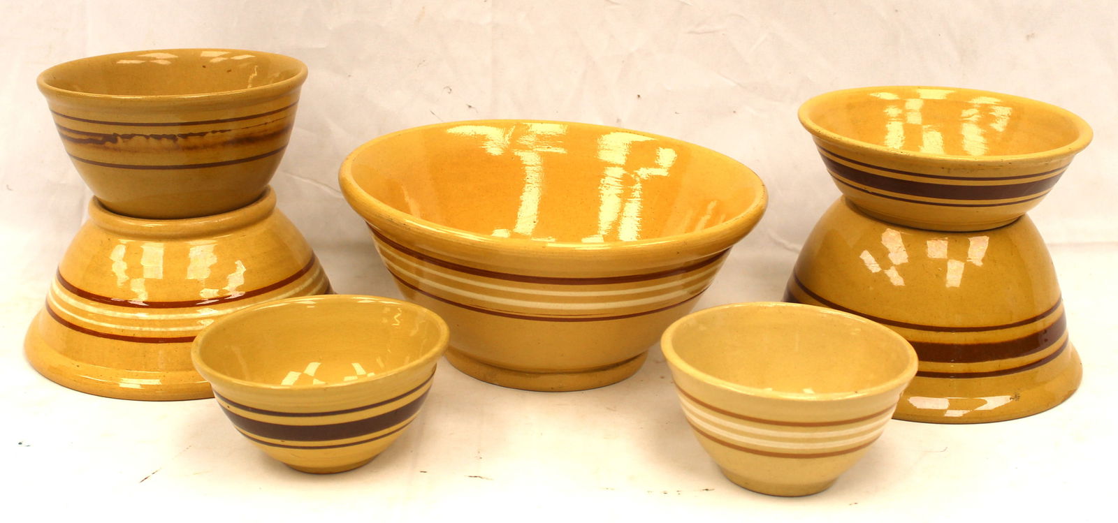 Lot of 7 antique yellowware bowls w brown & white bands - 6", 6", 7", 8" 9", 9" * 12" diam (1 of 6)