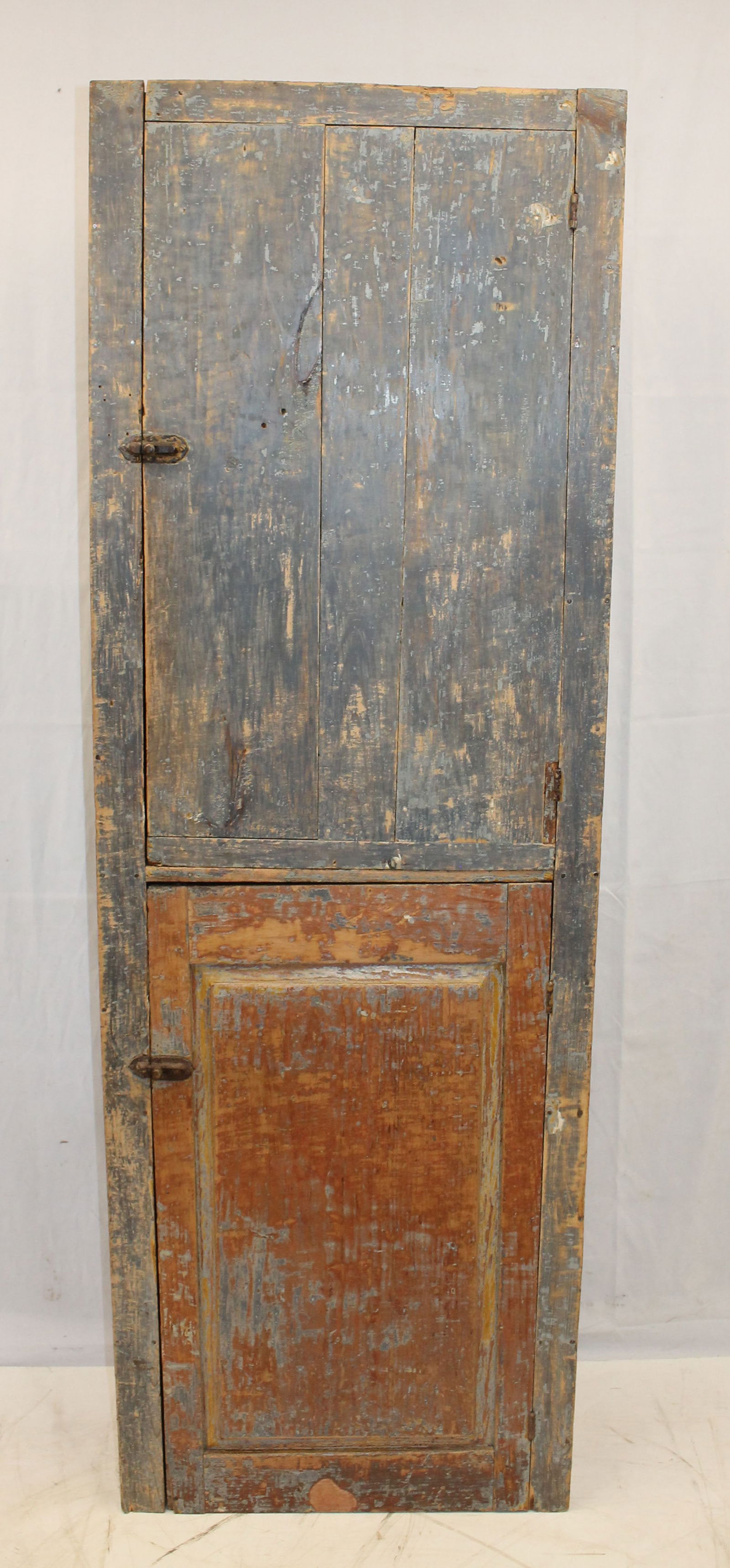 Antique narrow 2 door cupboard w traces of red & blue paint - 72" tall x 24" wide x 13" deep (1 of 6)