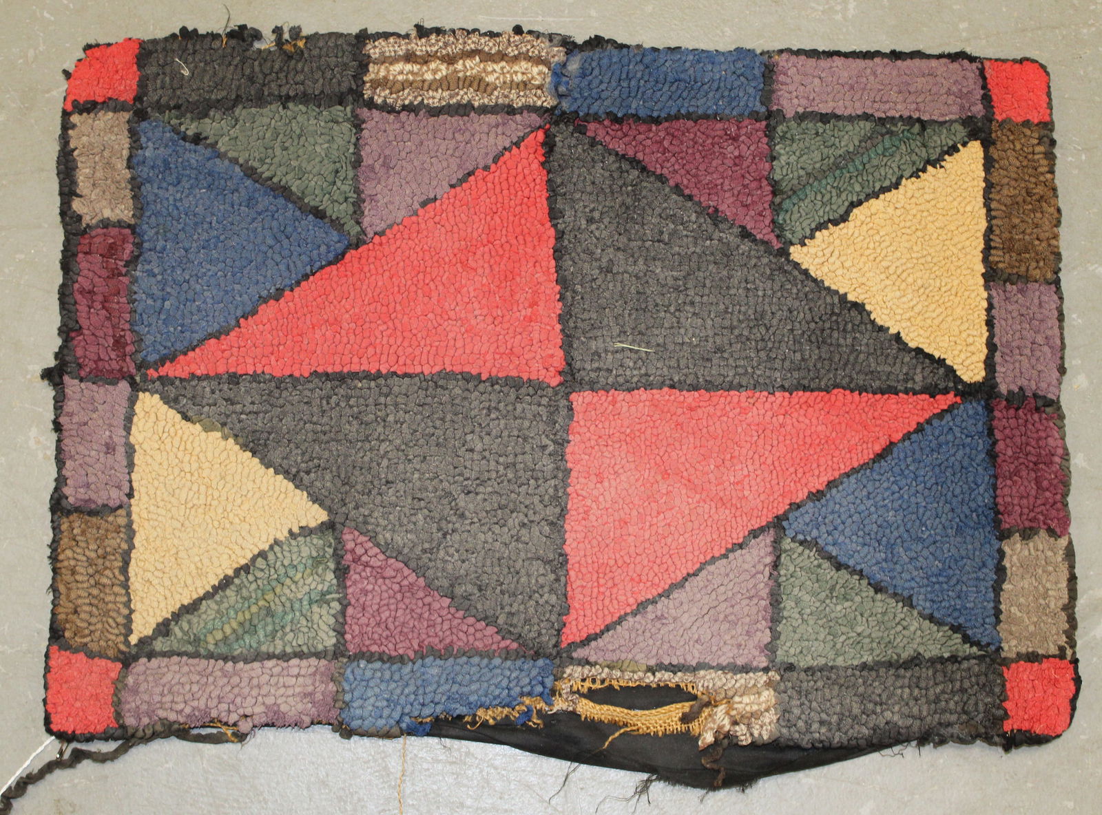 Antique hooked rug w geometric motif - 15" x 22" - as found (1 of 6)