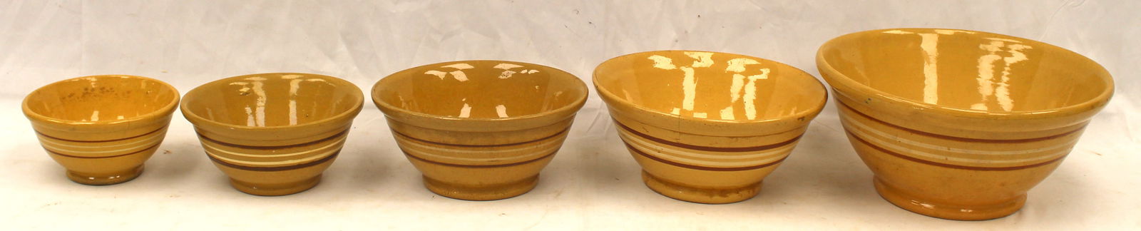 Lot of 5 antique yellowware bowls w brown & white bands - 7", 8", 9", 10" & 13" diam (1 of 5)