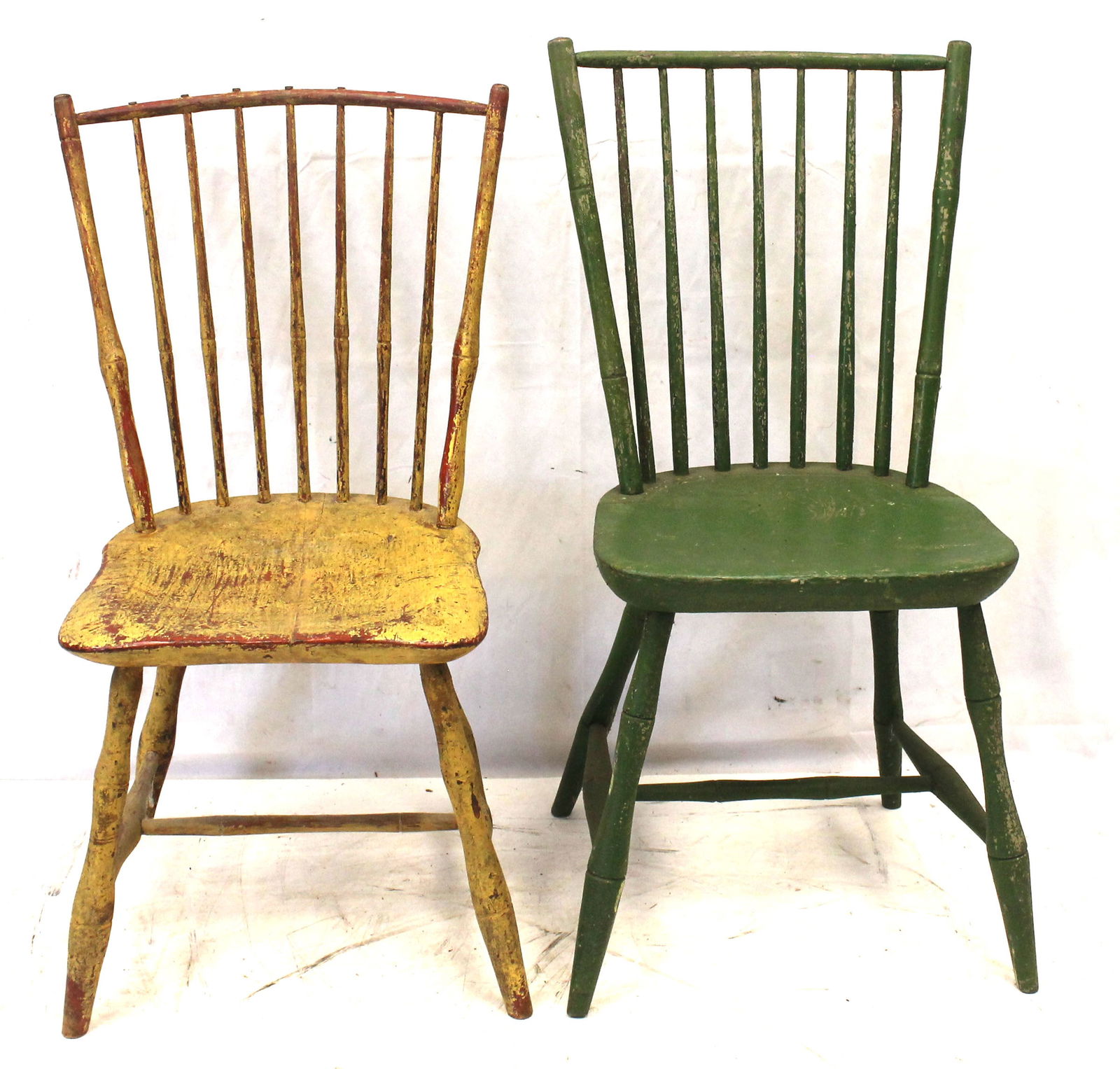 Lot of 2 antique birdcage Windsor sidechairs - 1 in green & the other in yellow over red - 18" & 16" (1 of 10)