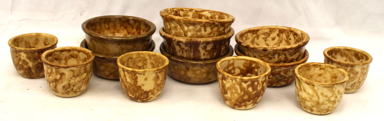 Lot of 13 antique yellowware items w spatter decoration incl 6 custards & 7 bowls (1 of 4)