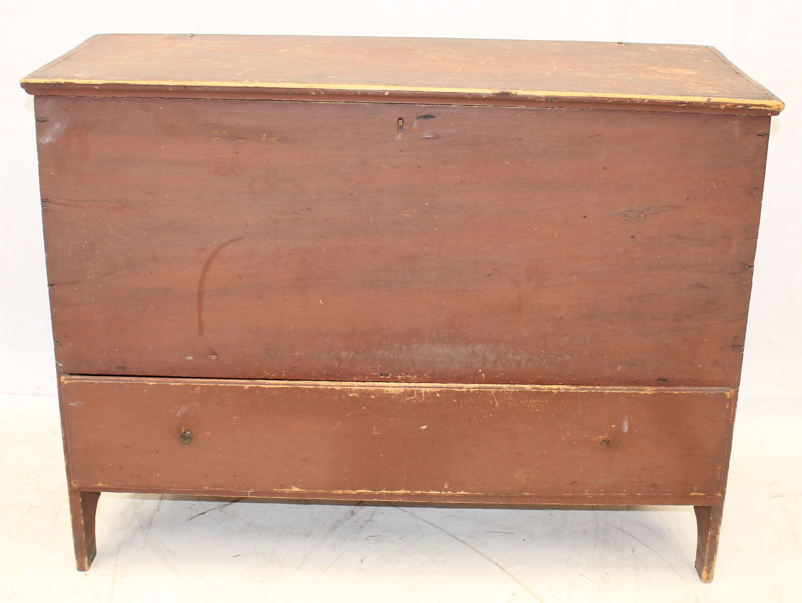 Antique 1 drawer blanket chest in red paint w cutout sides - as found w broken rear foot (we have (1 of 10)