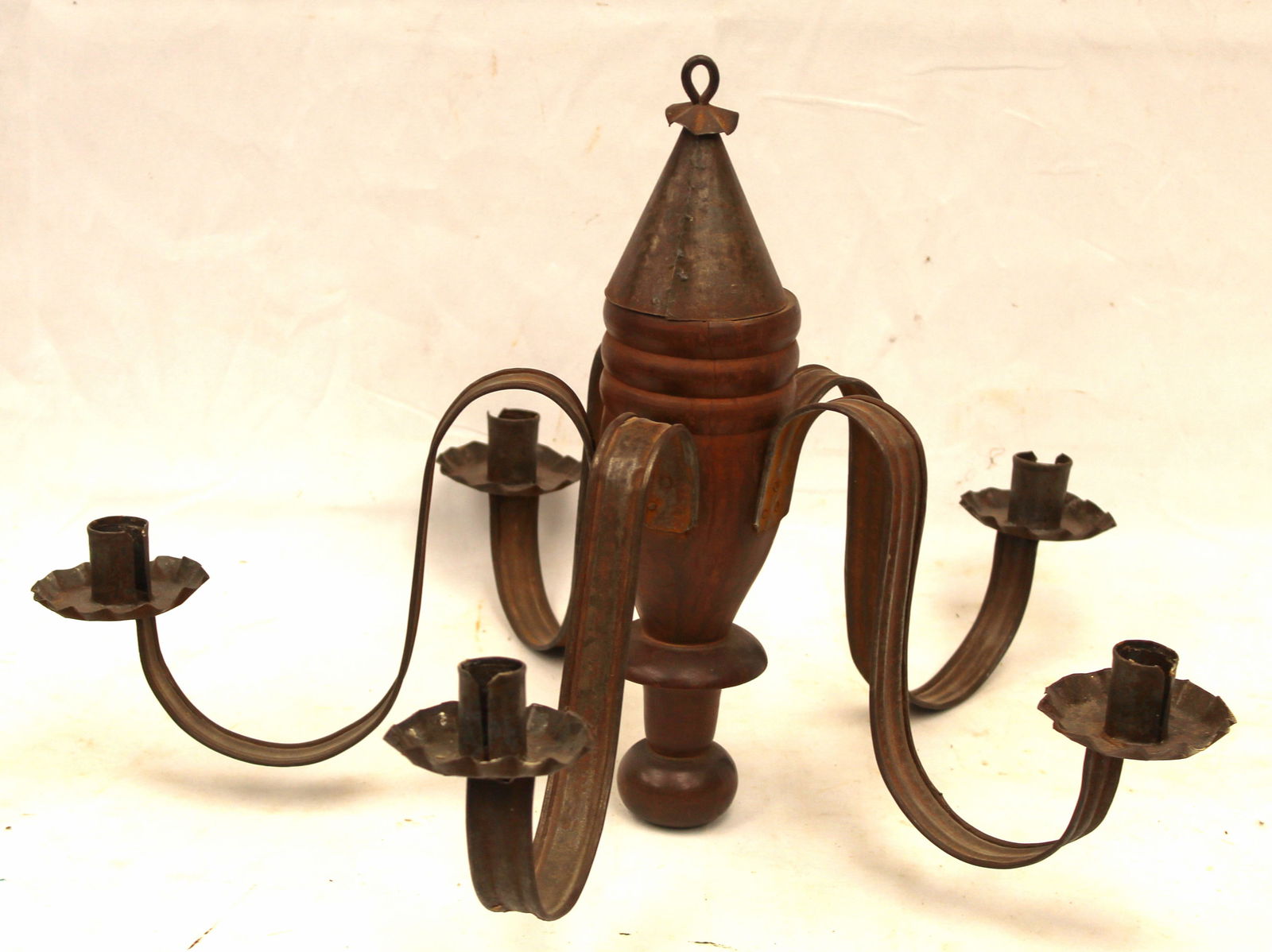 Wood & tin 5 arm candle chandelier w red painted center - 12" tall x 19" diam (1 of 6)