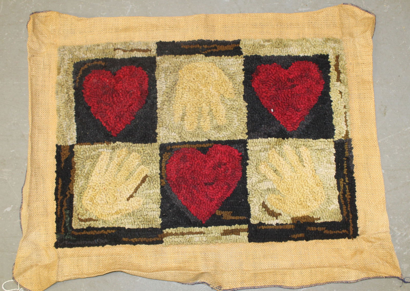 Antique hooked rug w heart & hand motif - unfinished - 22"x29" (1 of 5)