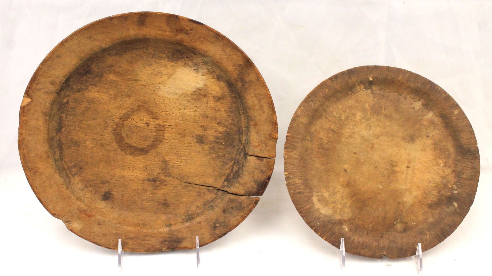 Lot of 2 antique treen plates - 9 3/4" & 12" diam (out of round) (1 of 7)
