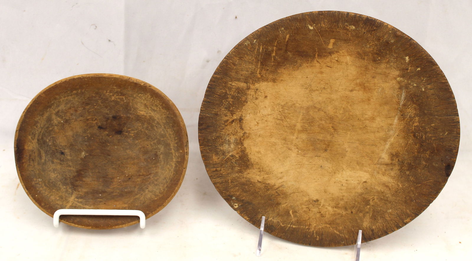 Lot of 2 antique treen plates - 6 1/2" & 9 1/2" (out of round) (1 of 5)
