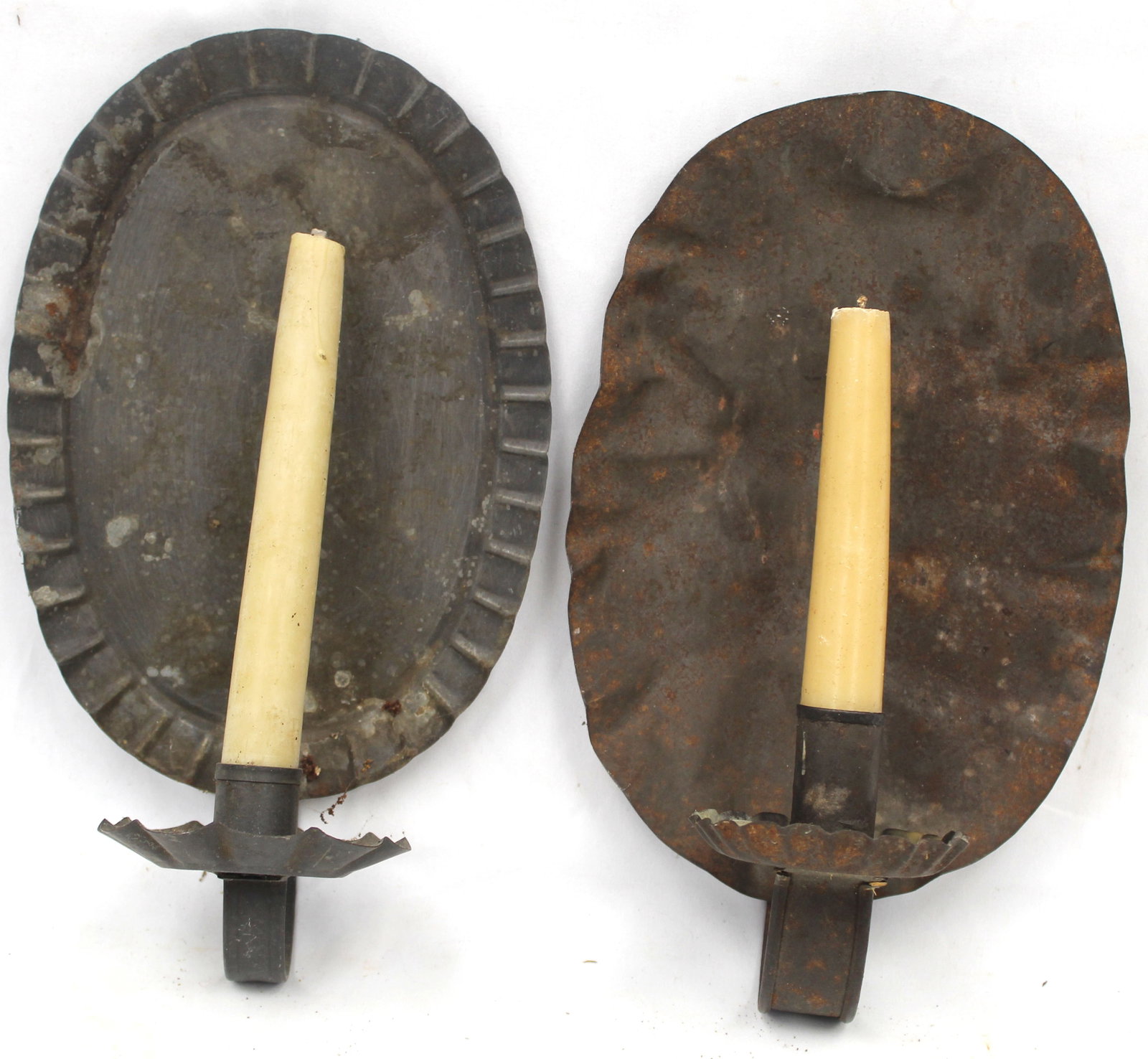 Lot of 2 antique oval crimped edge tin candle sconces - 10 1/2" tall: Lot of 2 antique oval crimped edge tin candle sconces - 10 1/2" tall