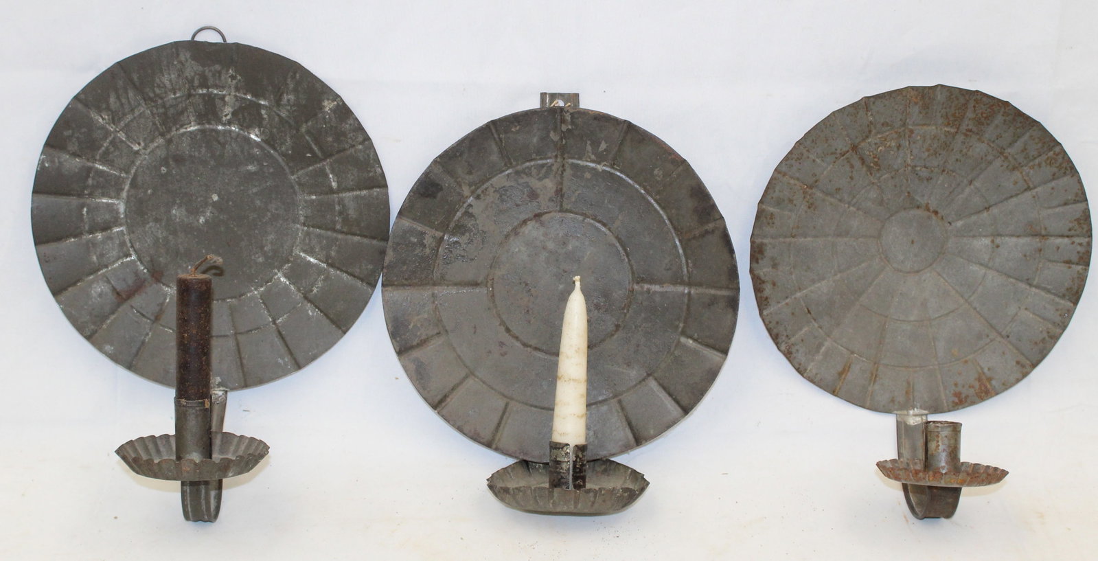 Lot of 3 antique round crimped edge tin candle sconces - approx 10 1/2" tall - 12 1/2" tall: Lot of 3 antique round crimped edge tin candle sconces - approx 10 1/2" tall - 12 1/2" tall