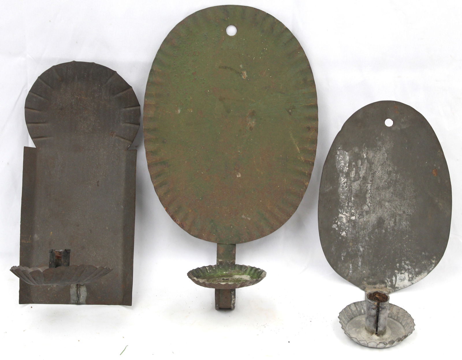 Lot of 3 antique tin candle sconces incl 2 oval & 1 rectangular - 10 1/4", 11 1/2" & 14 1/2" tall (1 of 9)