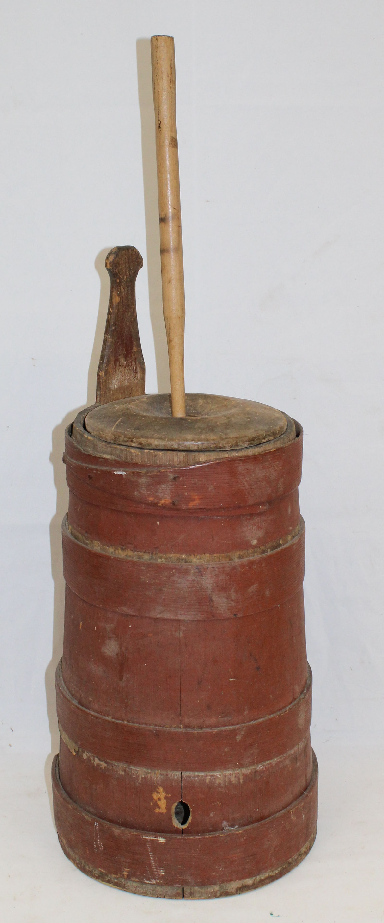 Antique wooden staved butter churn w lid & dasher in red paint - 24" tall x 9" diam (1 of 7)
