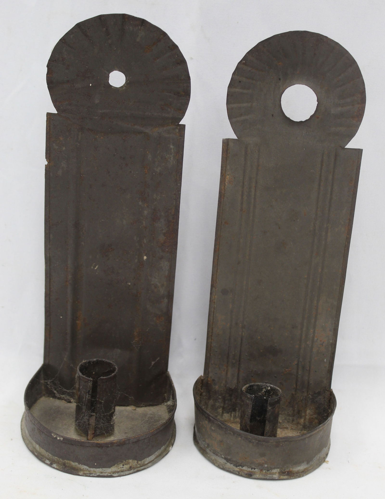 Near Pr of antique tin candle sconces w crimped edge tops - approx 9 1/2" tall (1 of 4)