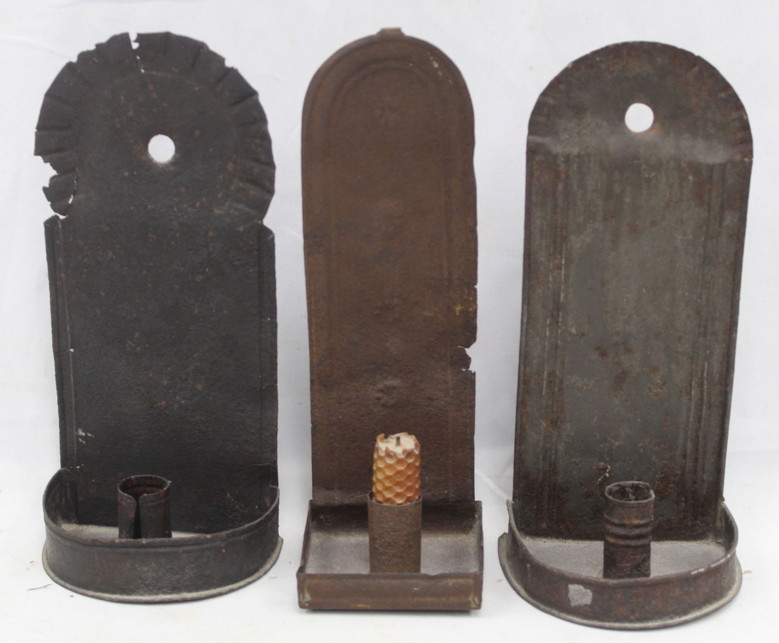 Lot of 3 antique tin candle sconces - approx 9 1/2" tall (1 of 10)