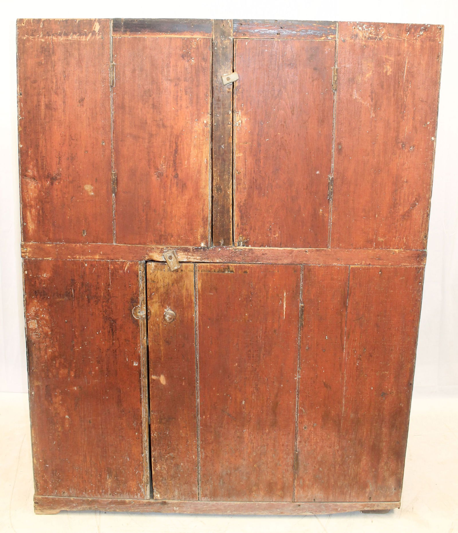 Antique cupboard in red paint w interesting 2 doors over 1 door configuration - 63" tall x 48" wide (1 of 7)