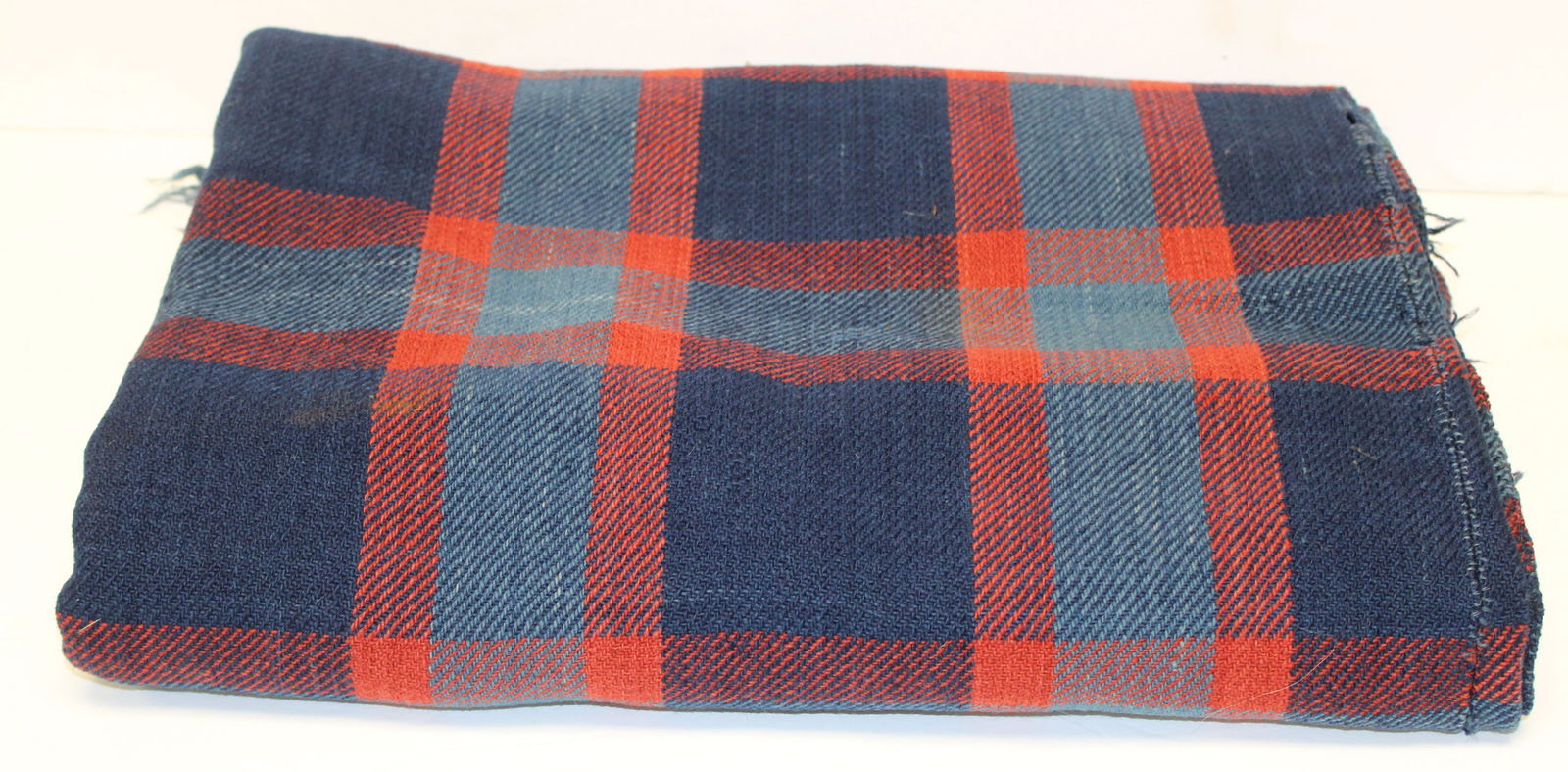 Antique hand woven twill weave red & blue plaid wool blanket with center seam - approx 72"x73" (1 of 6)