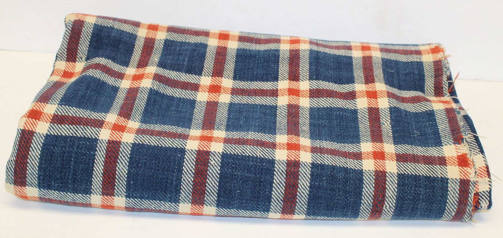 Antique hand woven twill weave red, white & blue plaid wool blanket w center seam - 78"x88" (1 of 9)
