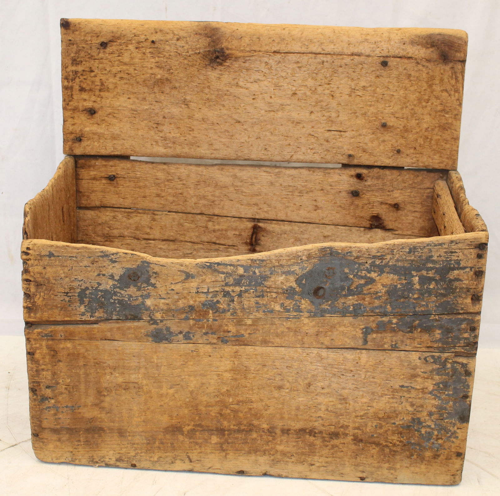 Antique wood bin in traces of blue over gray paint - 27" tall x 27 1/2" wide x 13 1/2" deep (1 of 5)