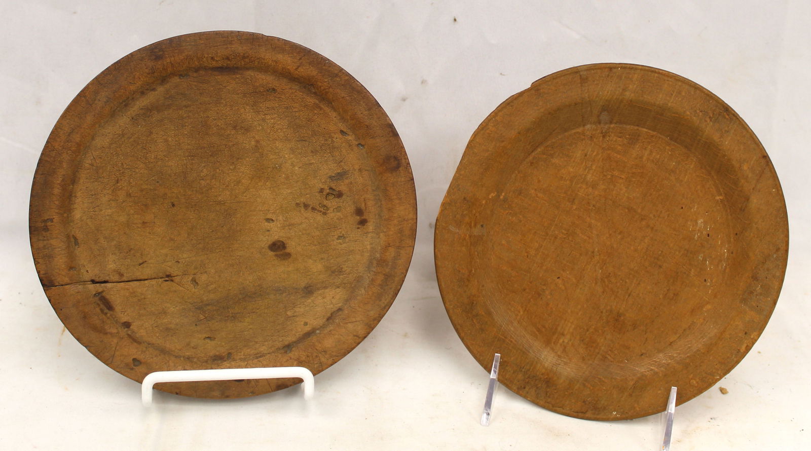 Lot of 2 antique treen plates - 7 1/2" & 7 3/4"(out of round) (1 of 5)