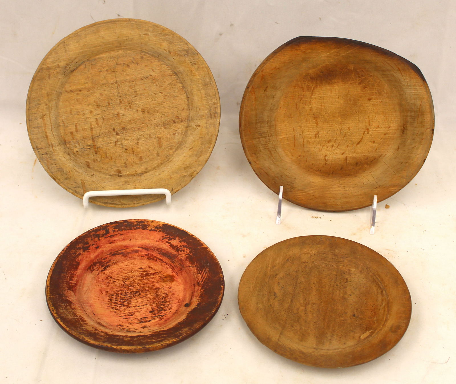 Lot of 2 antique treen plates - 6", 6 1/4", 7 1/2" & 7 1/2" diam (out of round) (1 of 9)