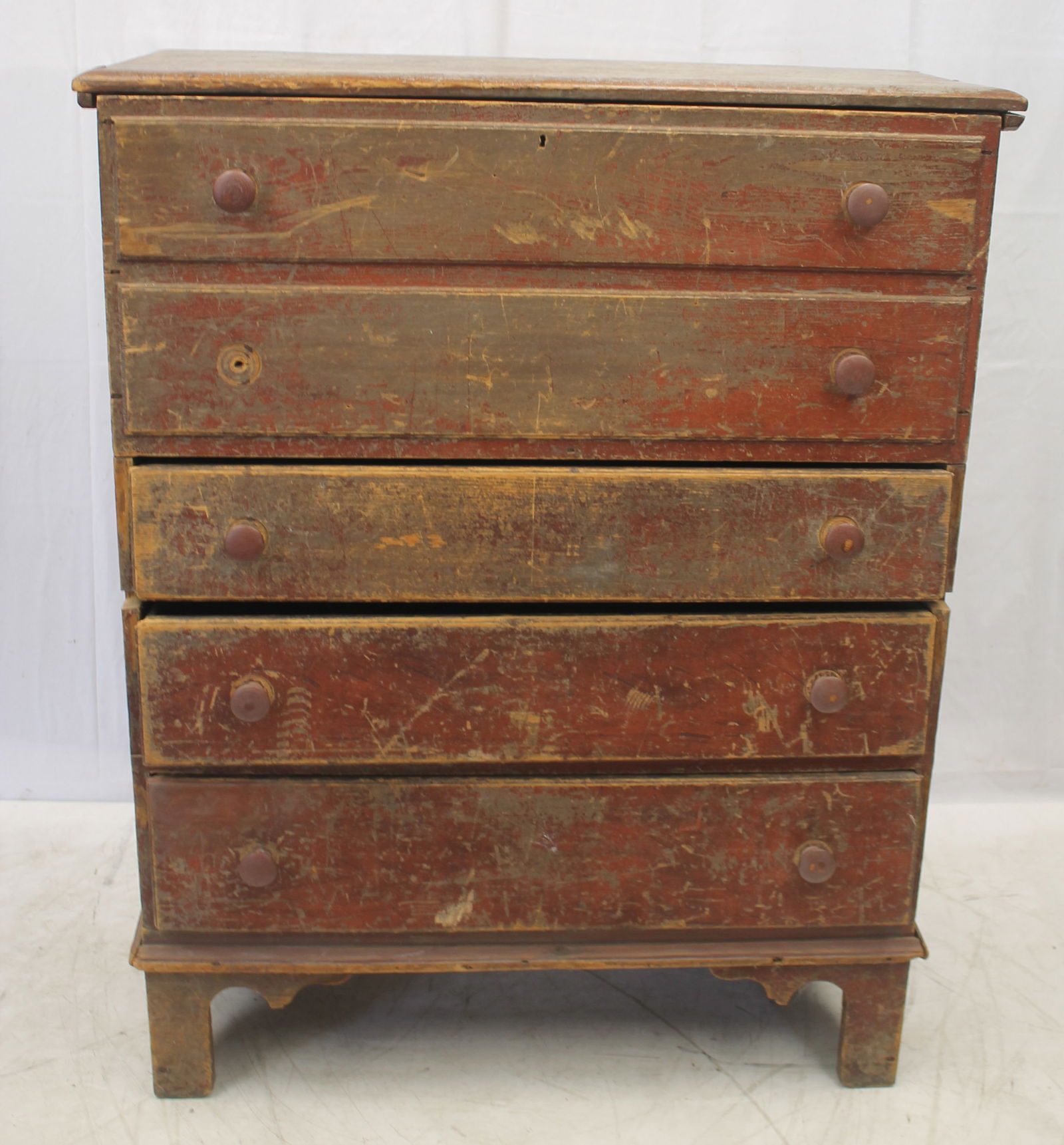 Antique 2 drawer blanket chest on bracket base w bootjack ends in red paint w traces of blue/gray on (1 of 6)