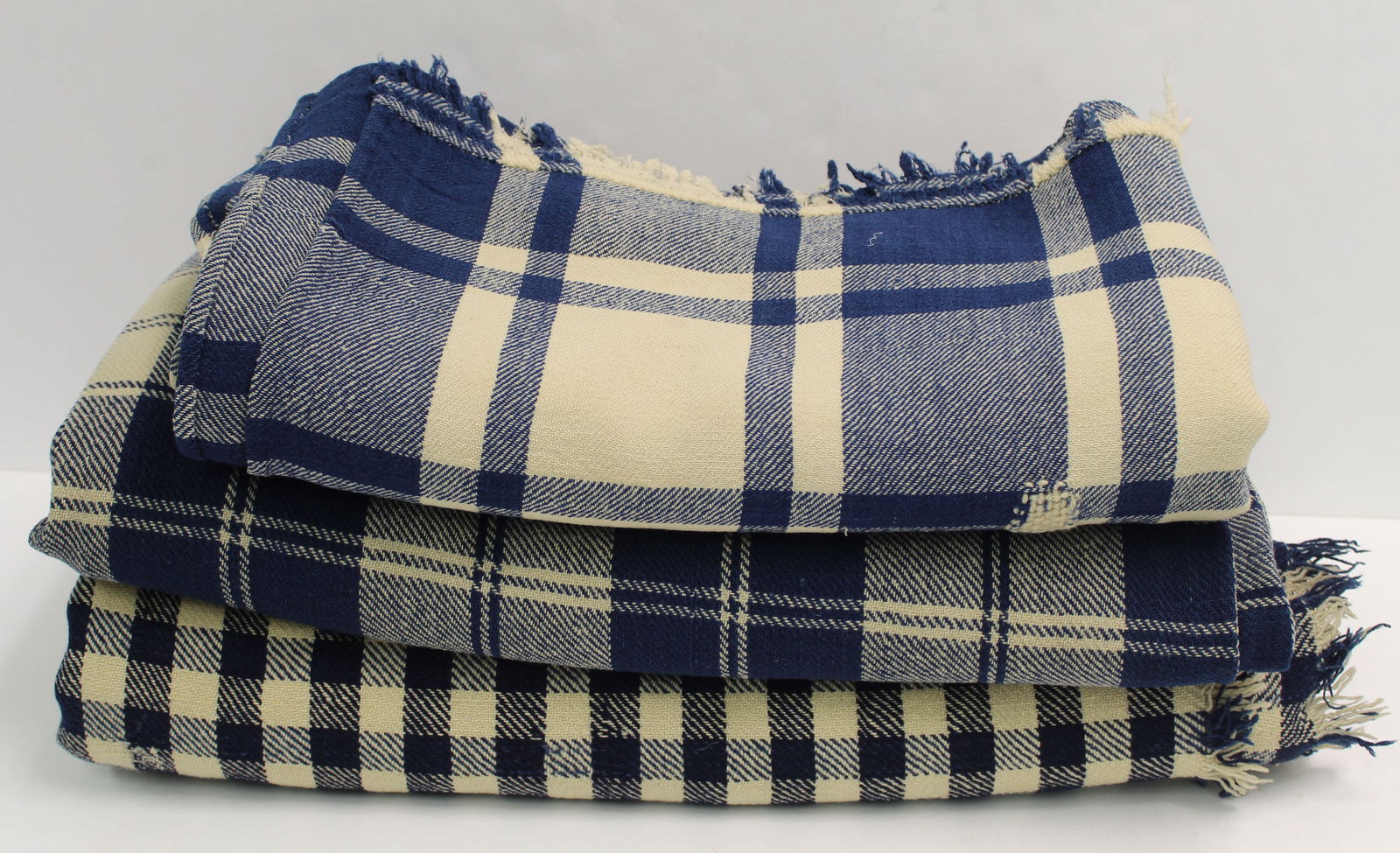 Lot of 3 antique hand woven twill weave blue & white plaid wool blankets - approx sizes 79"x84"; (1 of 19)