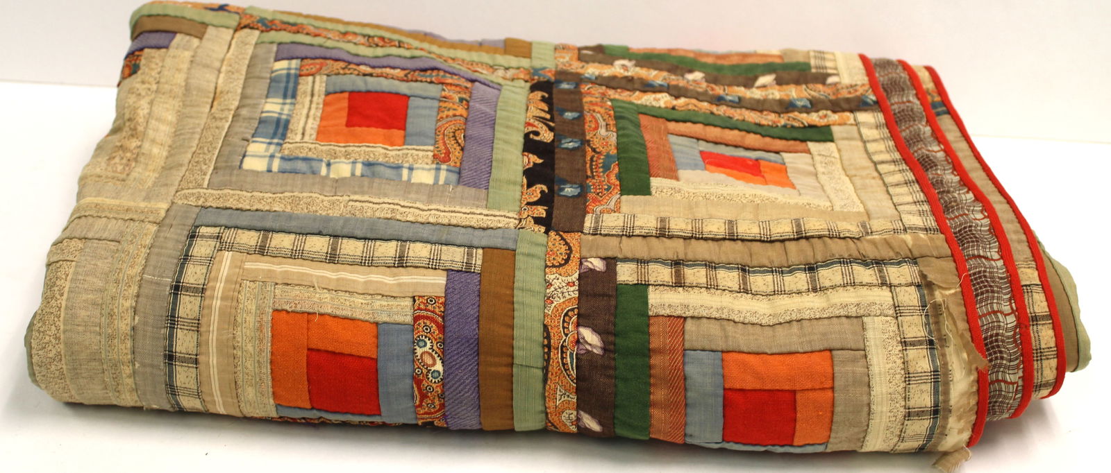 Antique Log Cabin quilt w whole cloth backing - some deterioration (mostly tan color) but overall in (1 of 13)