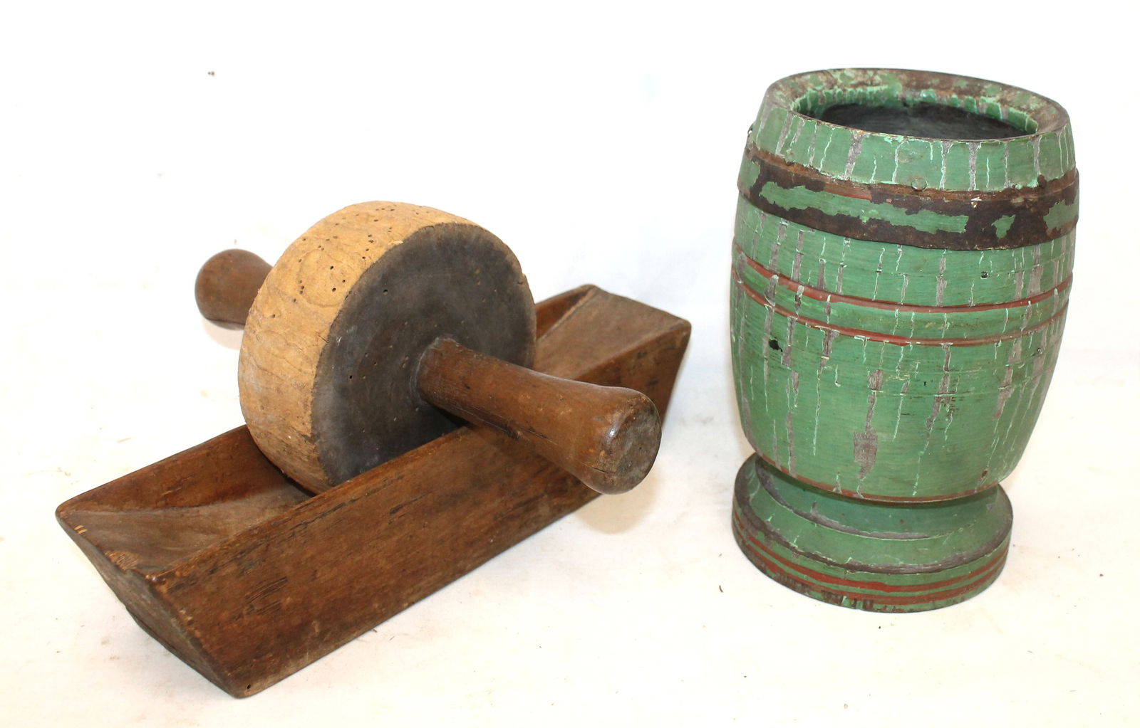 Antique treen lot incl herb grinder in natural surface & a 7 1/2" tall mortar in green paint (1 of 6)