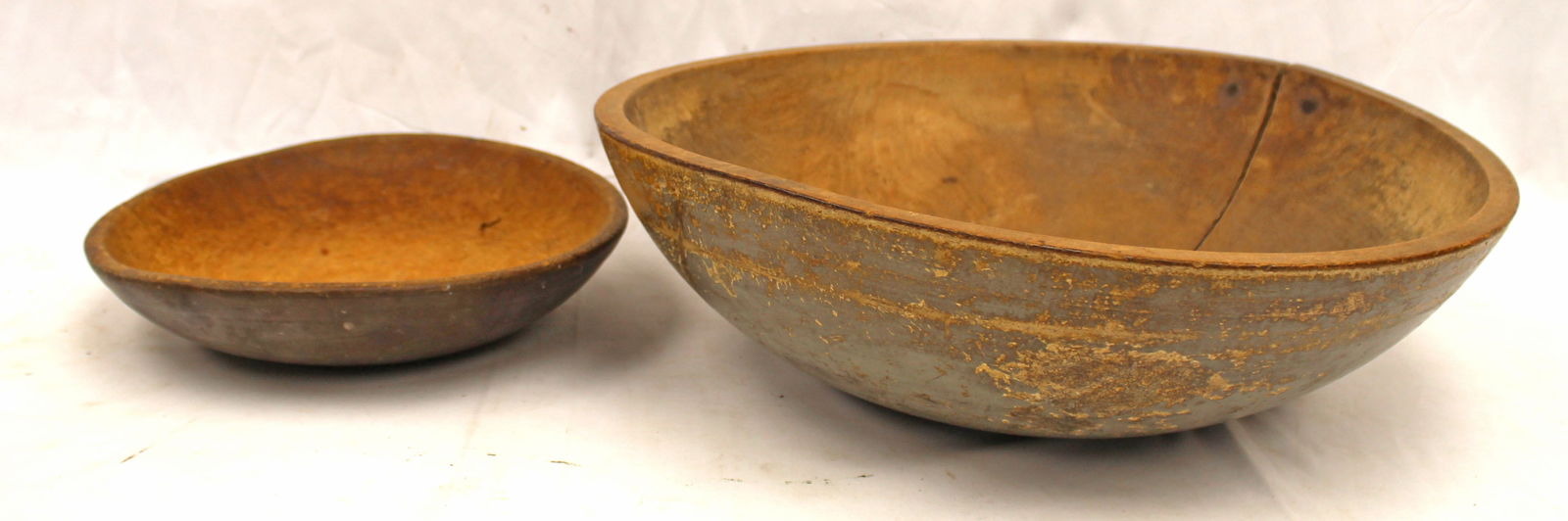 Lot of 2 antique wooden bowls in gray paint w old make-do repairs - 12 1/4" & 18 1/2" diam (out of (1 of 9)