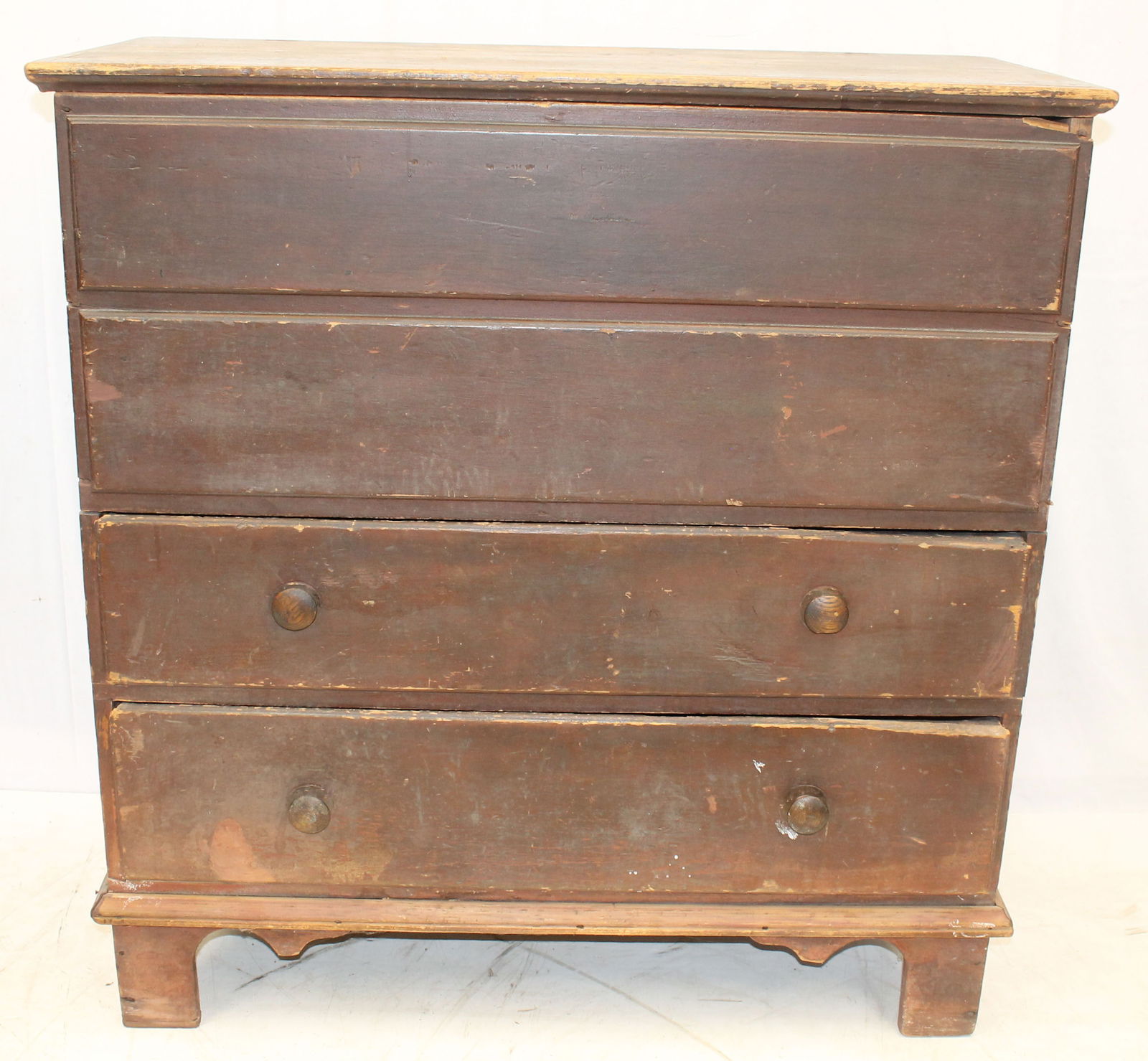 Antique 2 drawer blanket chest on bracket base in dark red paint - 41 1/2" tall x 39 1/2" wide x 18 (1 of 8)