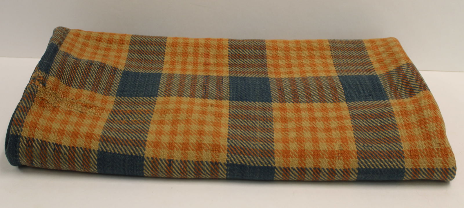 Antique hand woven twill weave wool blanket in tan, blue & bittersweet w center seam - as found - (1 of 9)