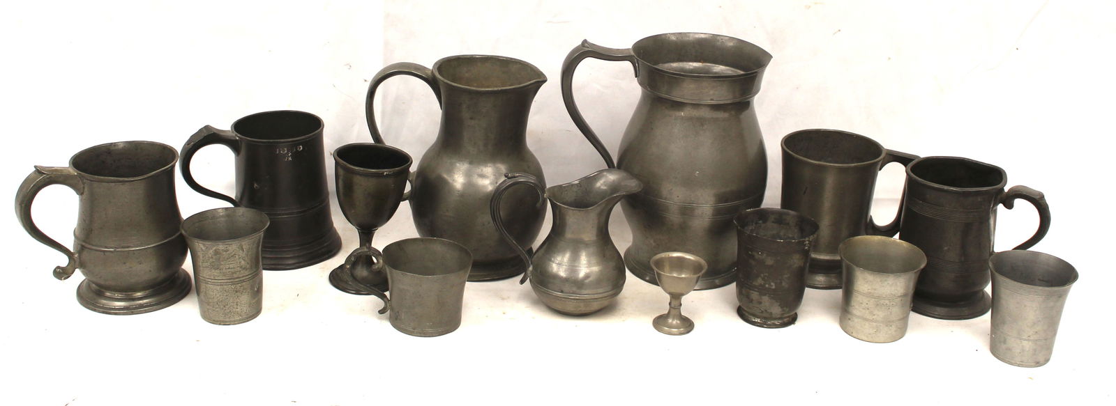 Large lot of antique pewter pitchers, cups & small chalices (1 of 5)