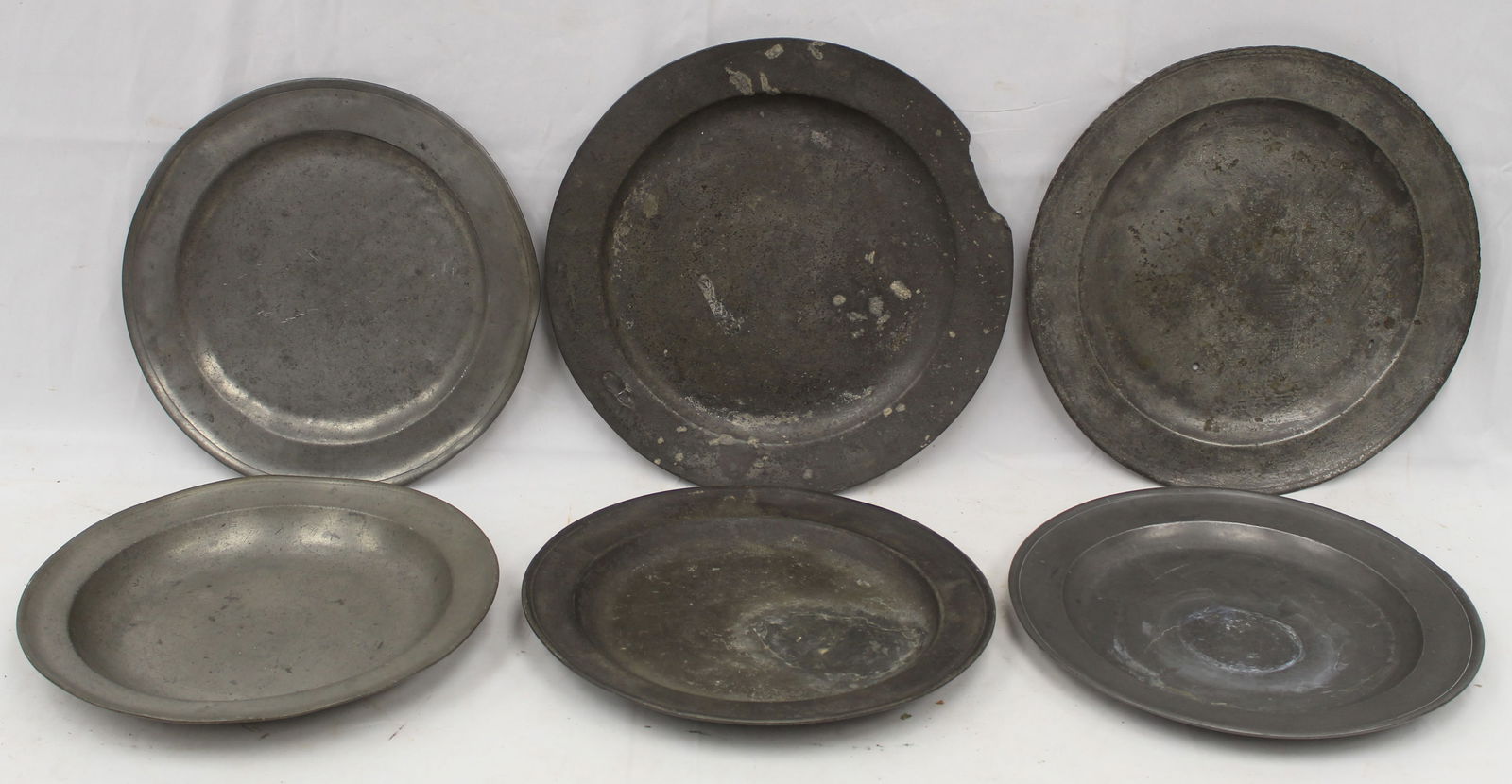 Lot of 6 antique pewter chargers - 13"-15 1/2" diam: Lot of 6 antique pewter chargers - 13"-15 1/2" diam