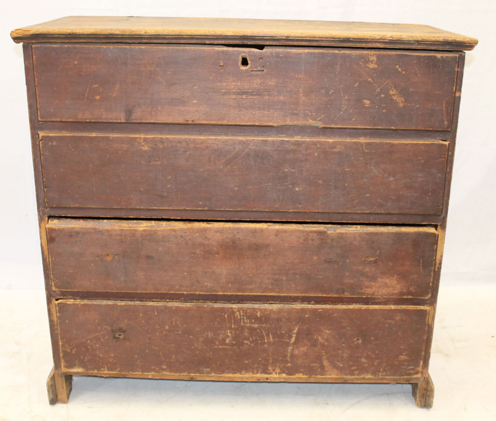 Antique 2 drawer blanket chest on bracket base in red paint - as found - 39 1/4" tall x 41 1/2" wide (1 of 12)