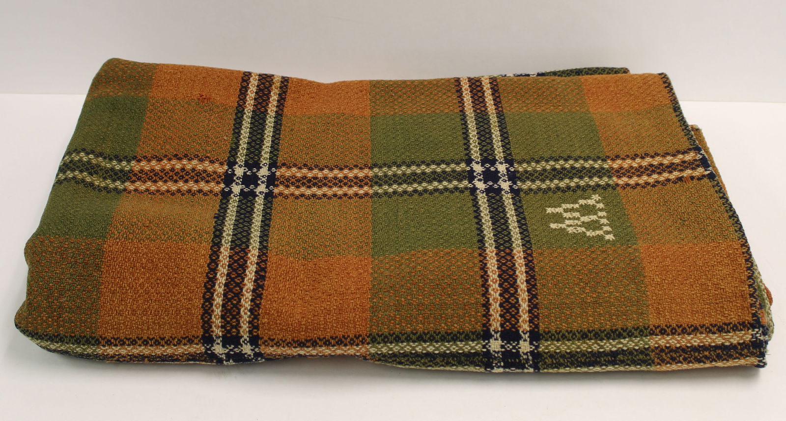 Antique hand woven wool blanket w center seam in green, blue, pumpkin & cream w initials WW - approx (1 of 10)