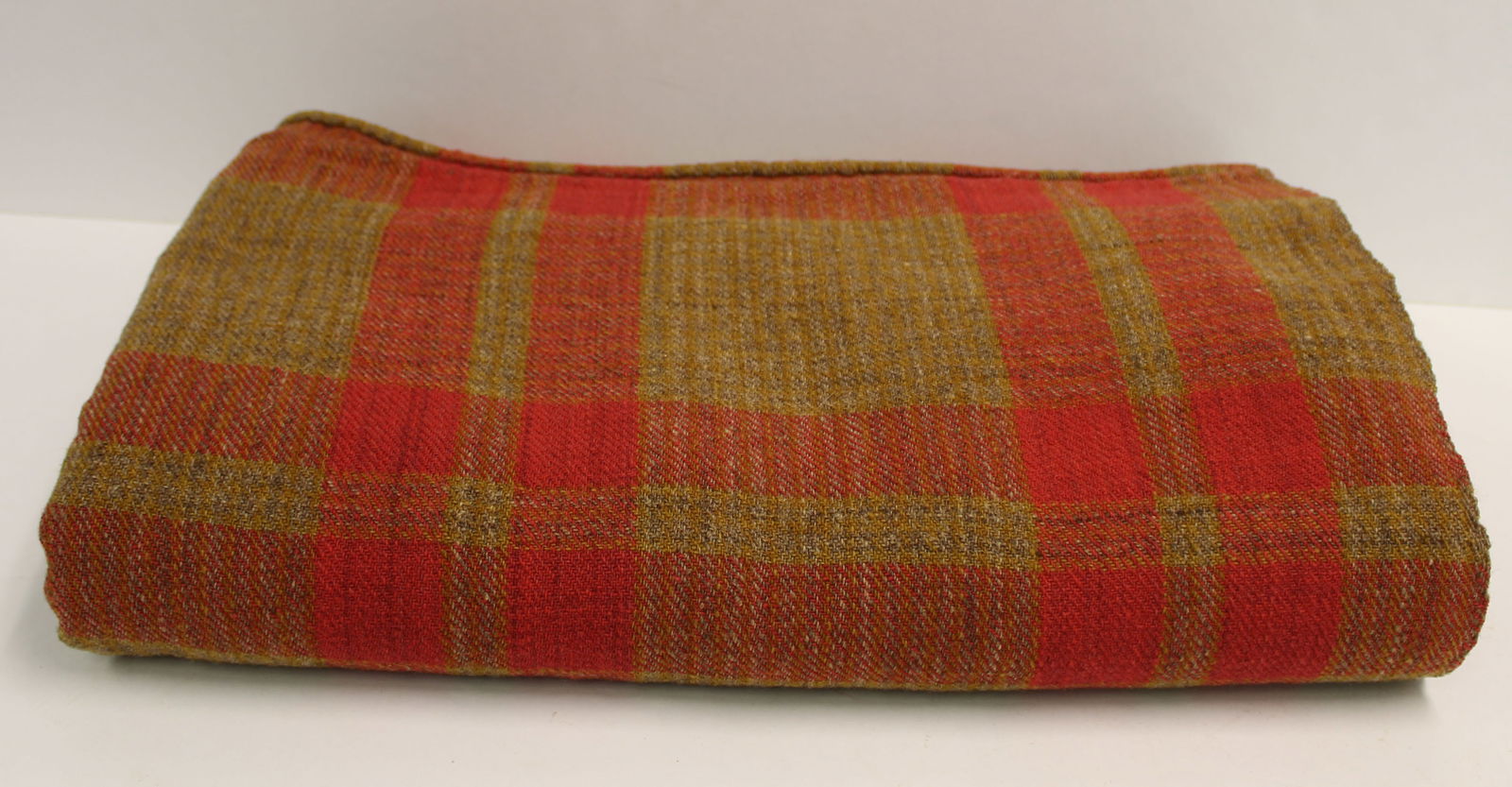 Antique hand woven twill weave wool blanket w center seam in mustard & scarlet plaid - approx 74"x92 (1 of 10)