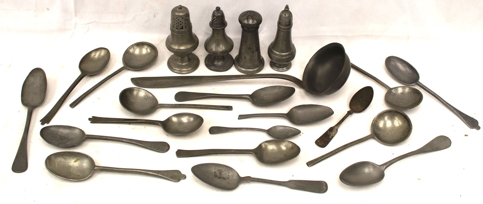 Antique pewter lot of various spoons & 4 salt & peppers: Antique pewter lot of various spoons & 4 salt & peppers