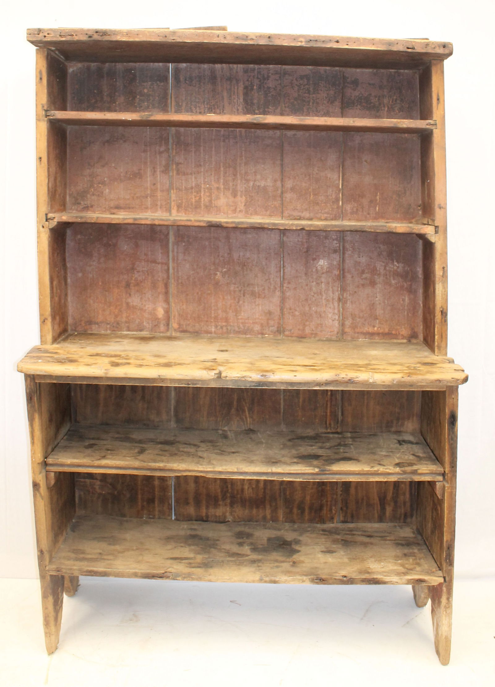 Large antique primitive open stepback cupboard in old surface - as found - 72 3/4" tall x 49 1/2" (1 of 14)