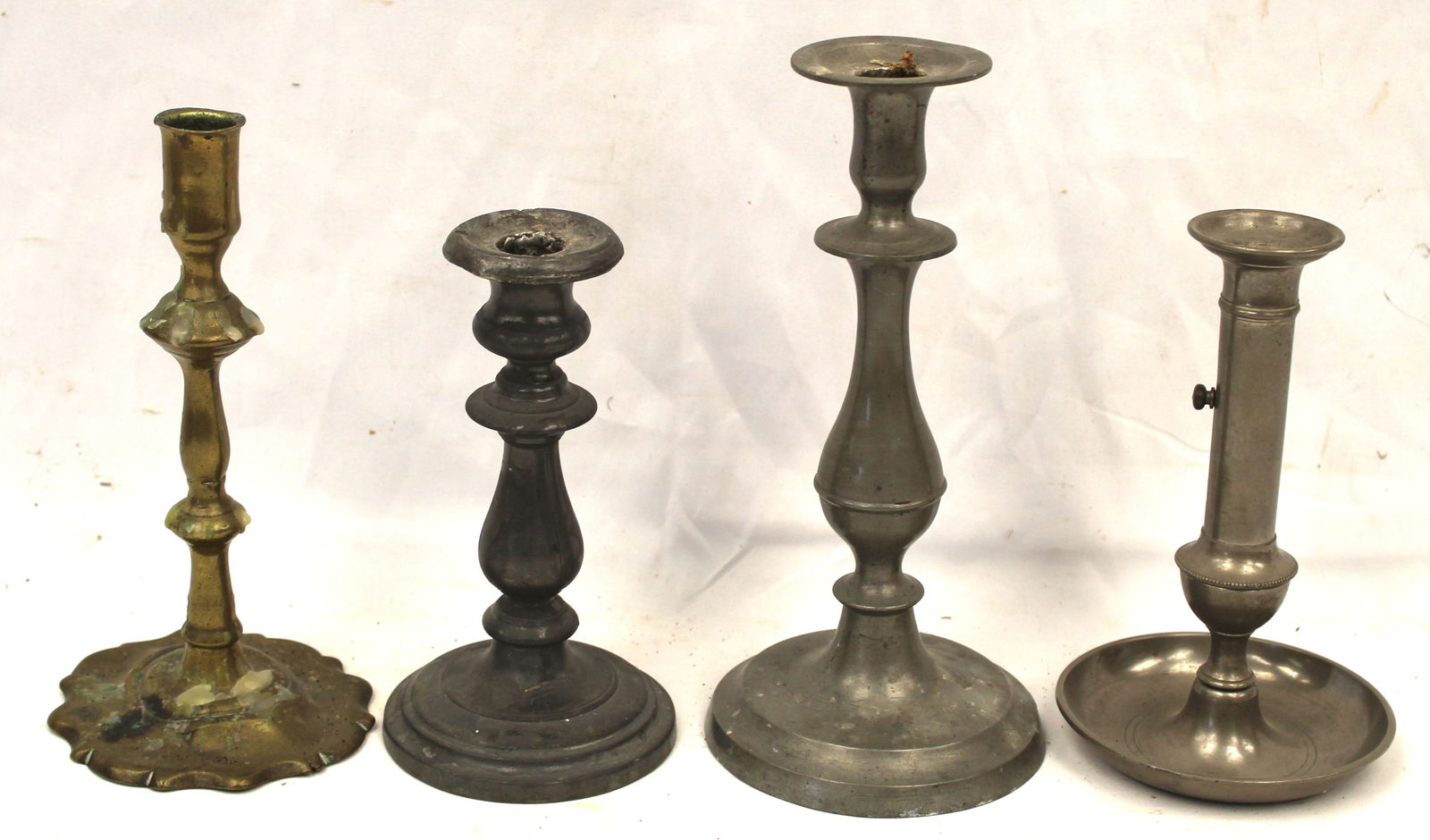 Lot of 3 pewter candlesticks plus a brass candlestick - 7 3/4"-10" tall (1 of 5)