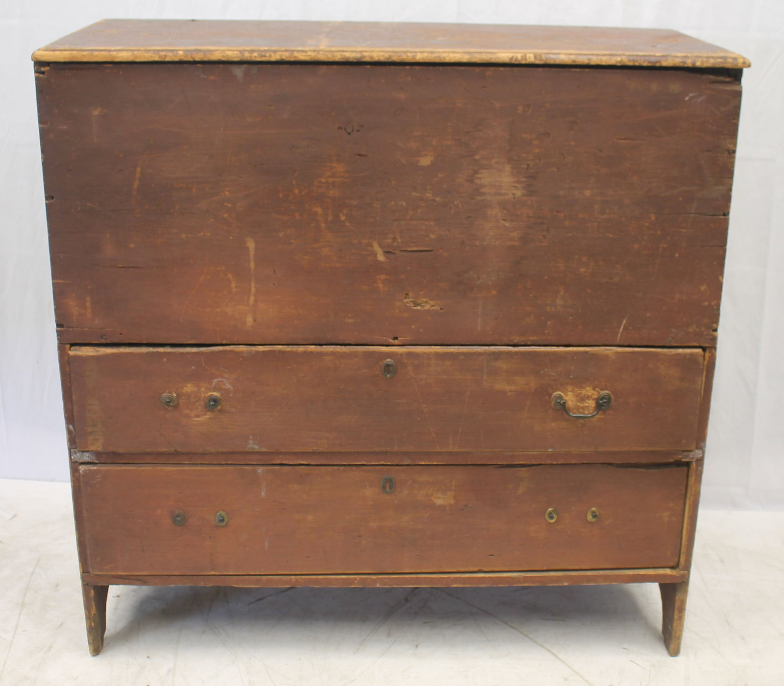 Antique 2 drawer blanket chest w whale's tail cut out sides in red paint - 40" tall x 40 1/2" wide x: Antique 2 drawer blanket chest w whale's tail cut out sides in red paint - 40" tall x 40 1/2" wide x 18" deep