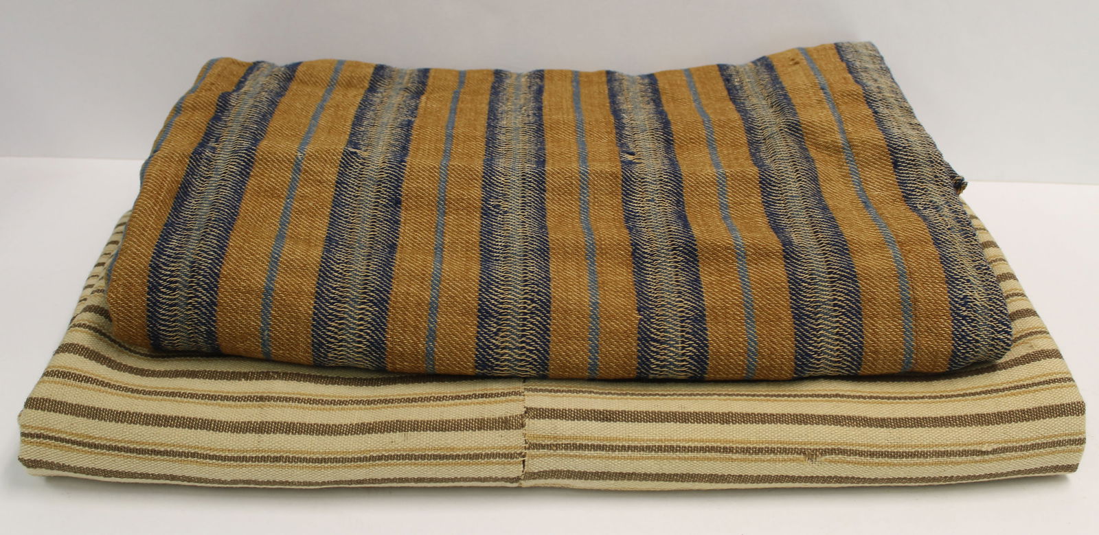 Lot of 2 hand woven wool blankets w center seams - pumpkin & blue approx 76"x84"; Cream, brown & (1 of 14)