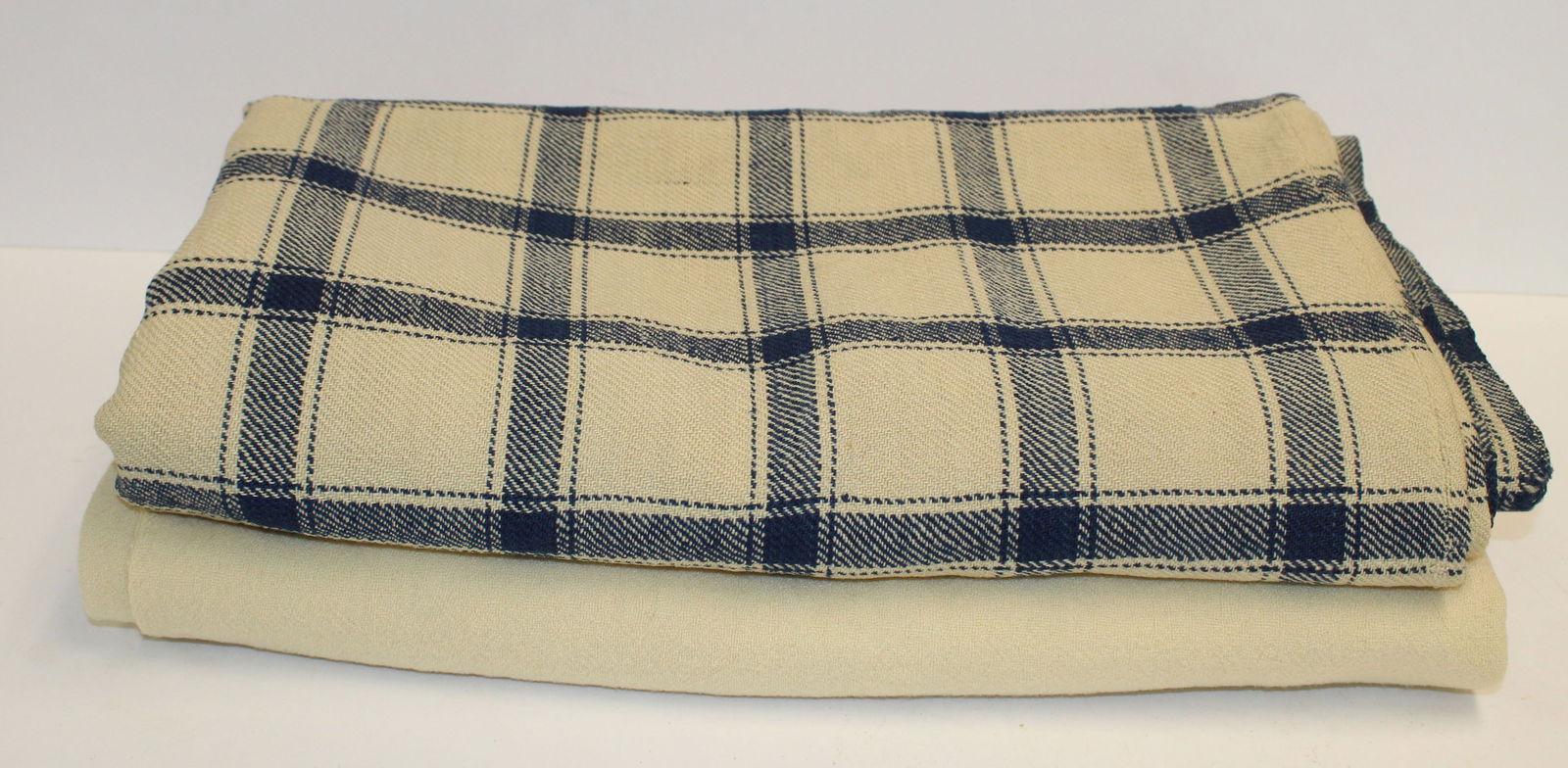 Lot of 2 hand woven wool blankets w center seams -  cream & blue approx 76"x75"; blue & white approx (1 of 14)